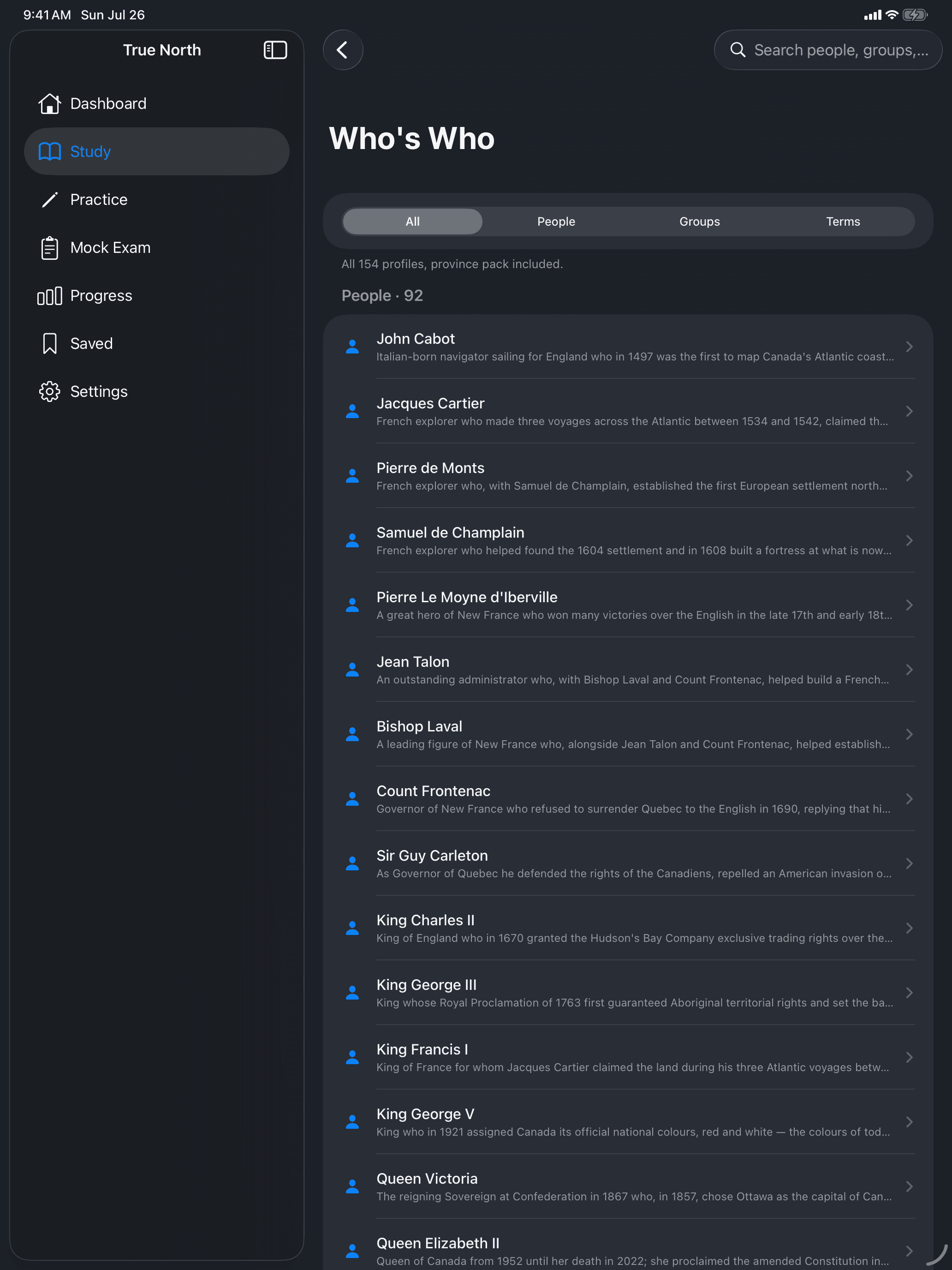 True North on an iPad, showing the Who's Who reference beside the app sidebar