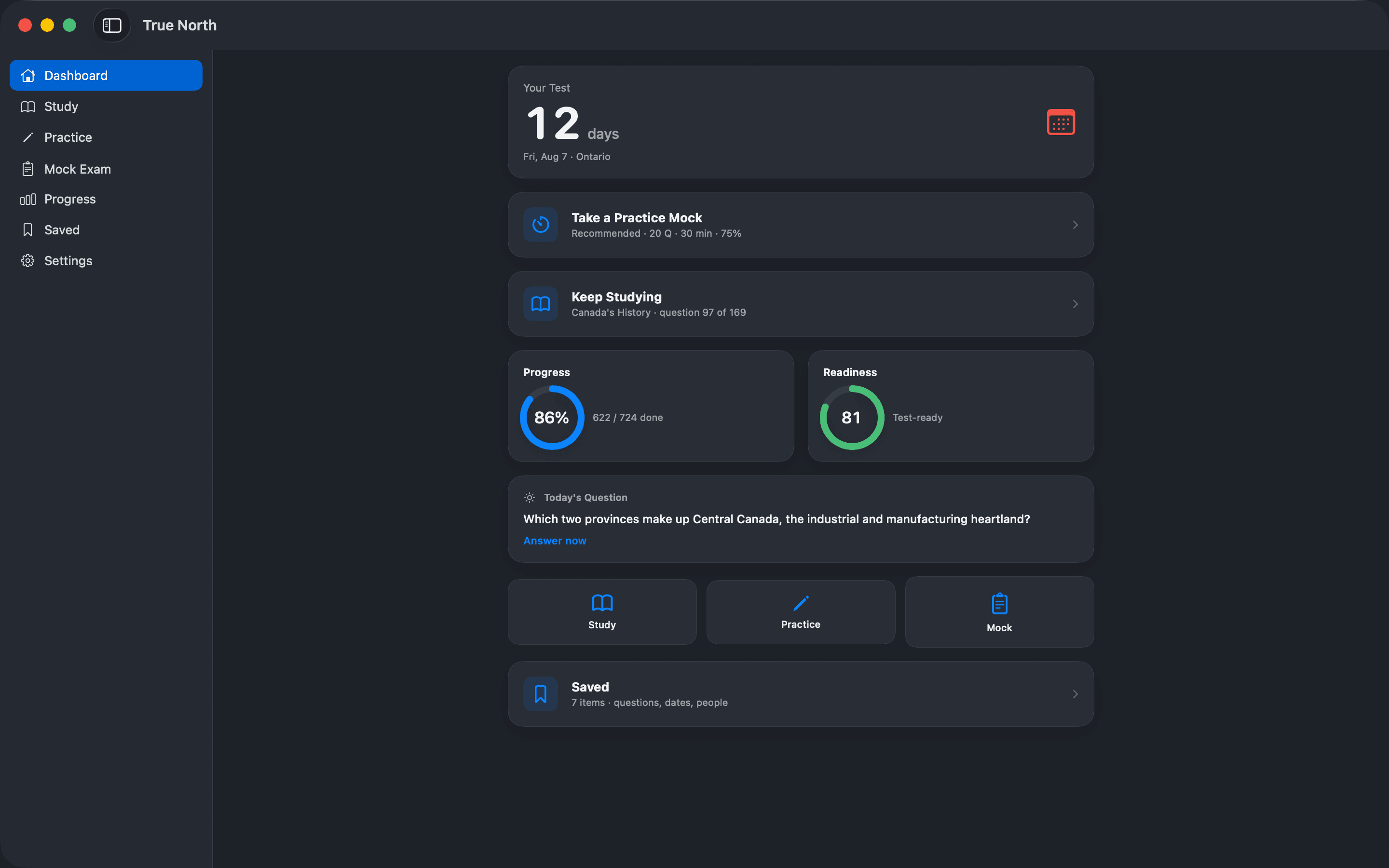 True North on a Mac, showing the dashboard with study progress and the next mock exam