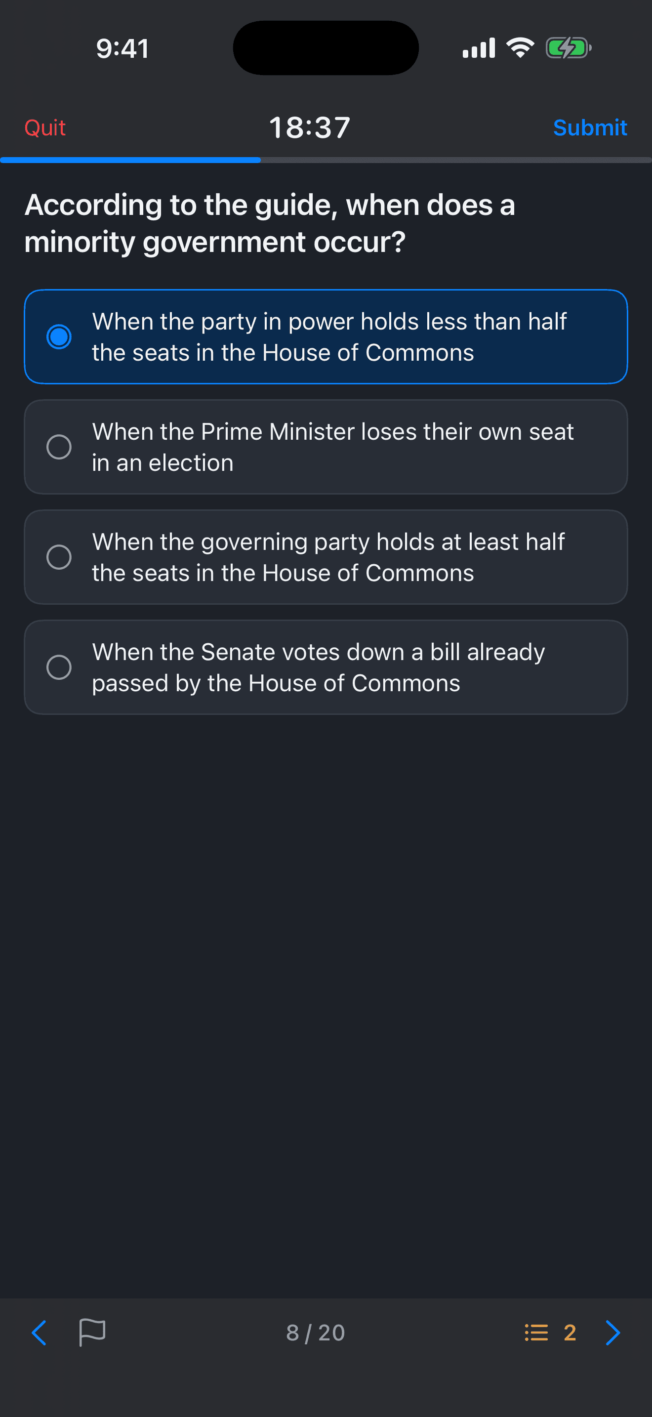 A timed mock exam in progress, showing the question count and remaining time