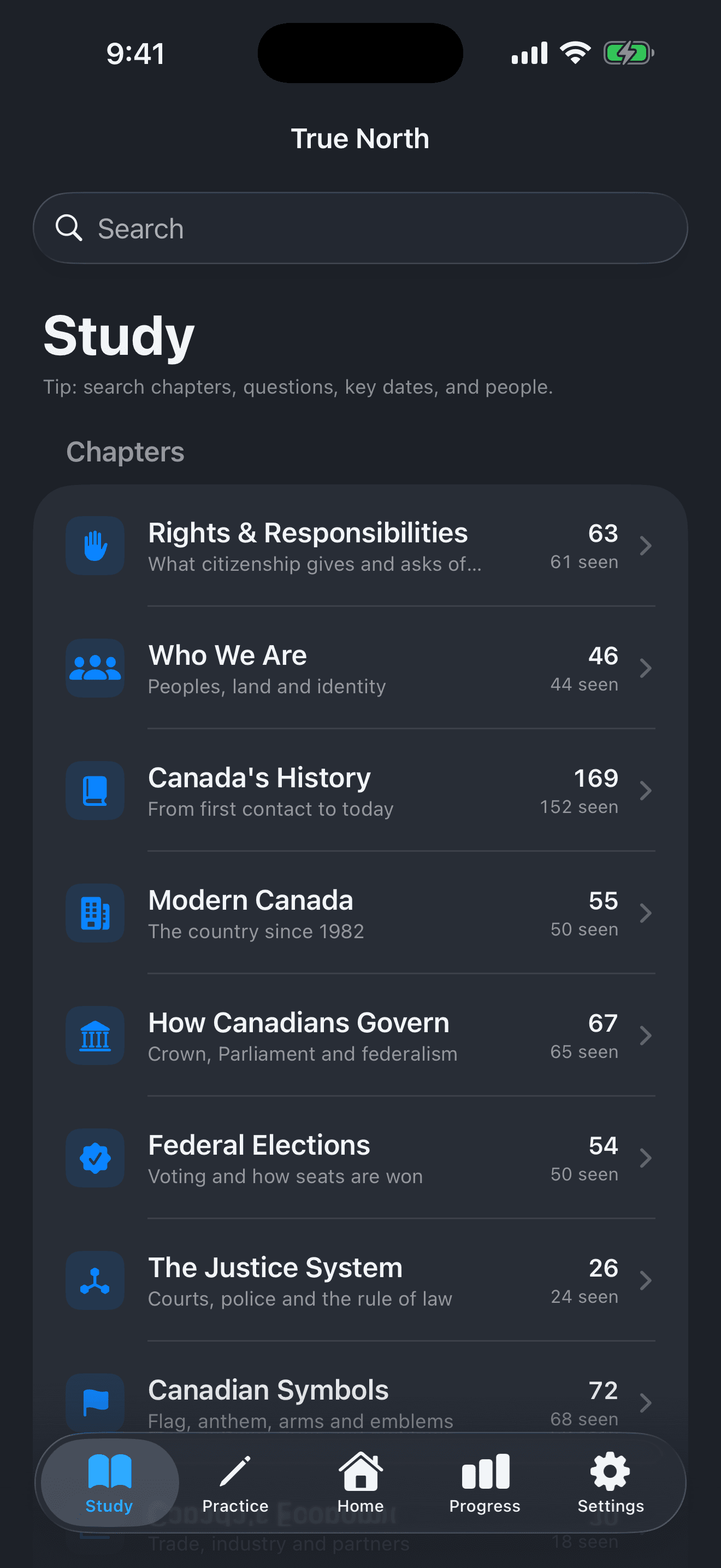 Study by chapter, listing all 11 chapters of the Discover Canada guide with progress on each